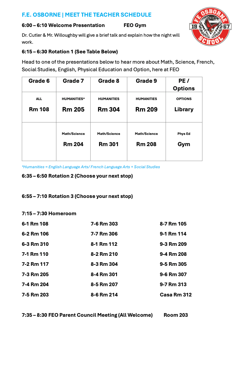 FEO Meet the Teacher Schedule